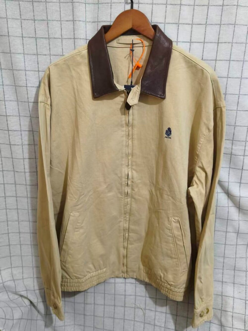 Prada Beige Cotton Harrington Jacket Brown Leather Collar Men’s L